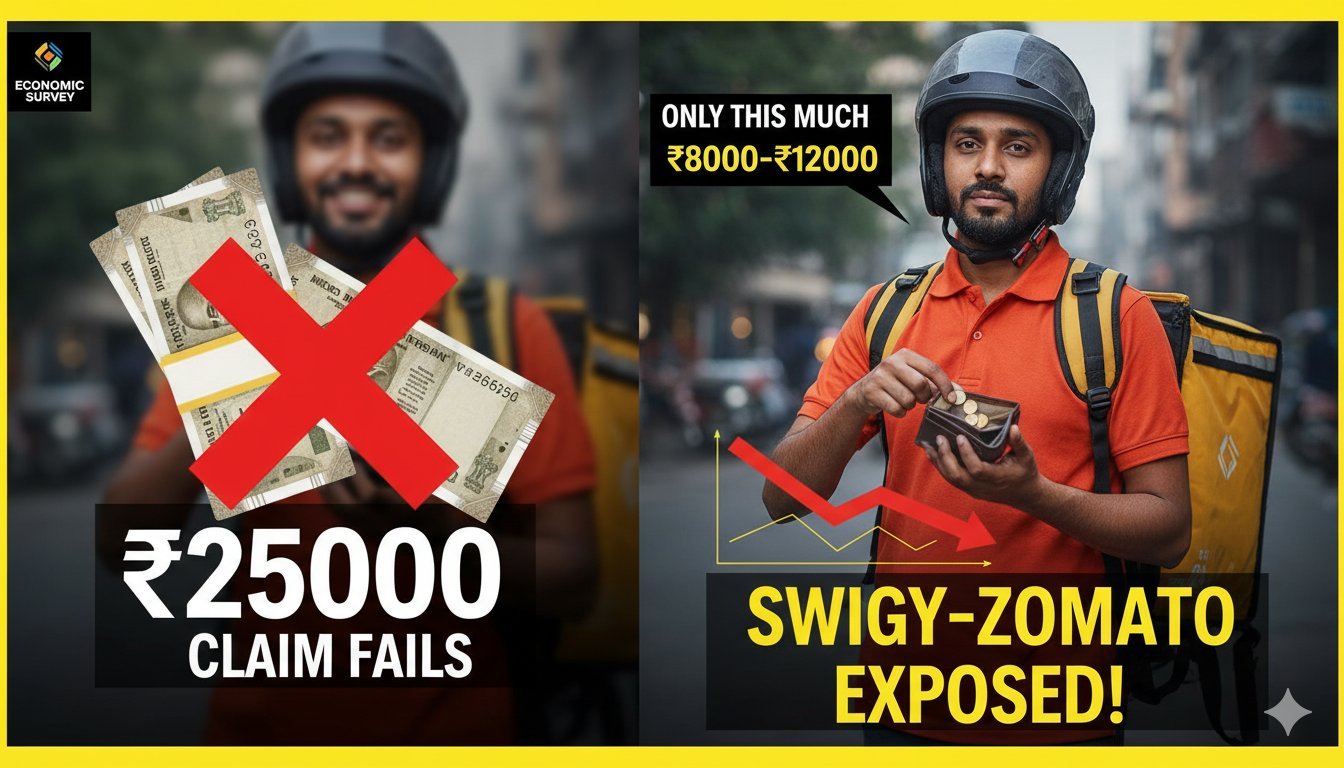 एक डिलिवरी बॉय मोटरबाइक पर ऑर्डर डिलिवर करता हुआ, पृष्ठभूमि में आर्थिक सर्वे दस्तावेज़।