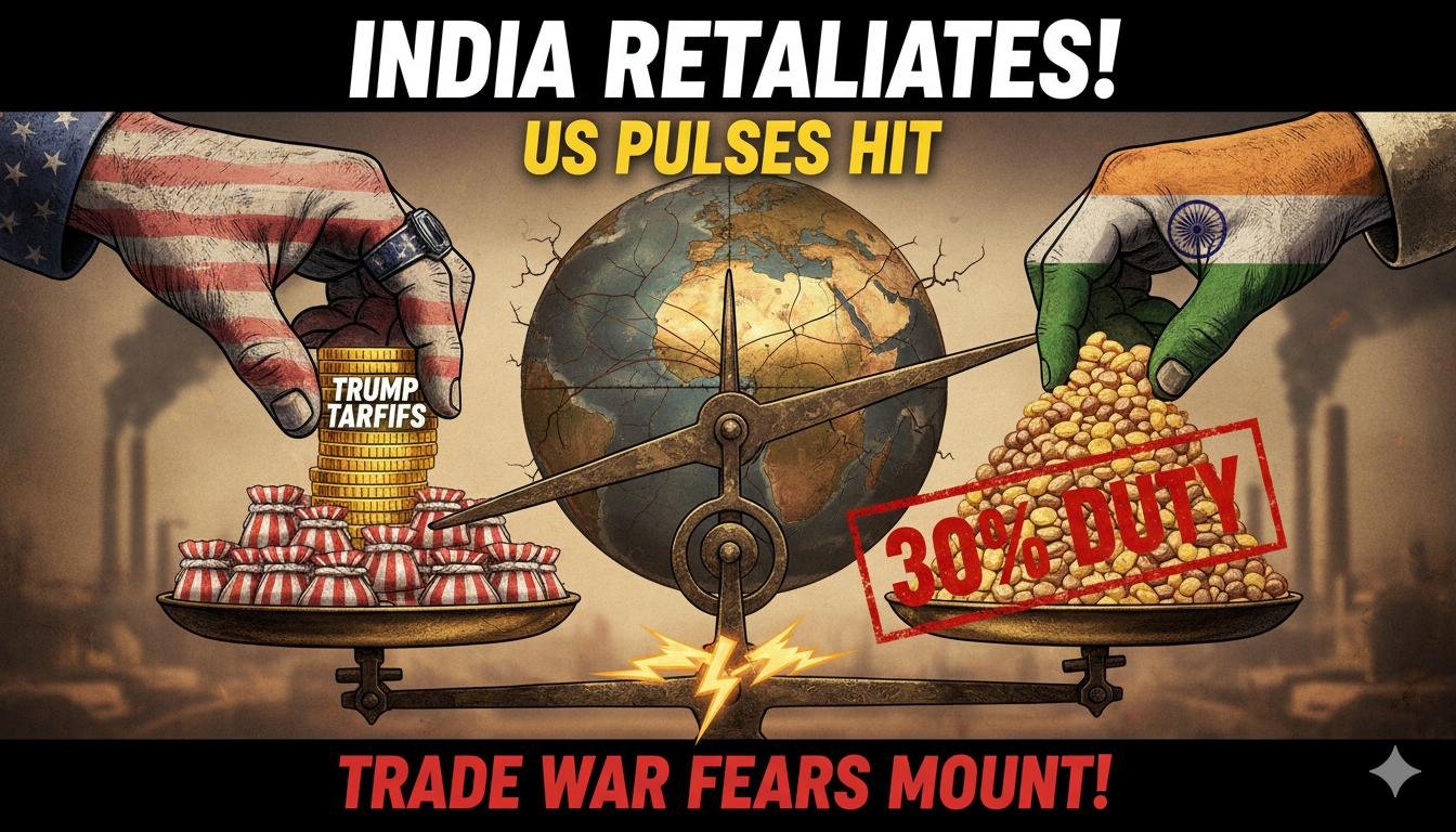 भारत और अमेरिका के बीच व्यापार युद्ध को दर्शाती छवि जिसमें ट्रंप और मोदी के प्रतीक के साथ दालों और टैरिफ के चिन्ह दिखाई दे रहे हैं।