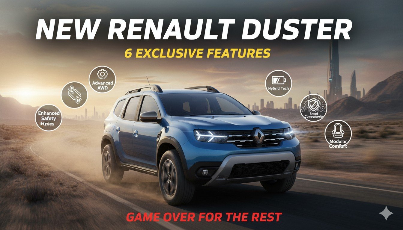 नई रेनो डस्टर 2026 की रग्ड SUV इमेज माउंटेन जेड ग्रीन कलर में