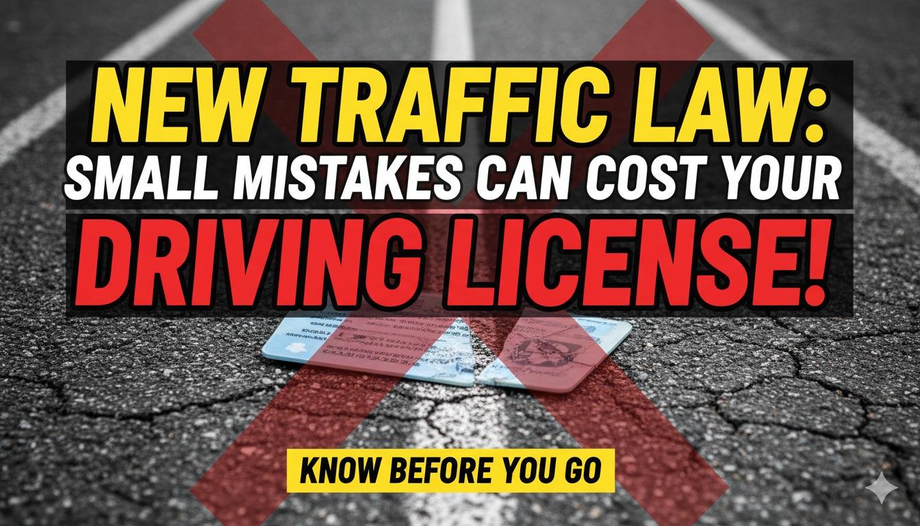 भारतीय सड़क पर ट्रैफिक पुलिस चेकिंग करते हुए, नए नियमों के पोस्टर के साथ।