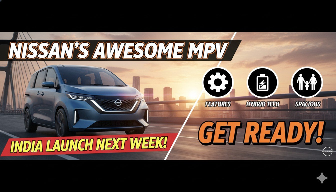 निसान ग्रेवाइट कॉम्पैक्ट MPV का टीजर इमेज, फ्रंट व्यू में स्टाइलिश डिजाइन दिखाता हुआ।