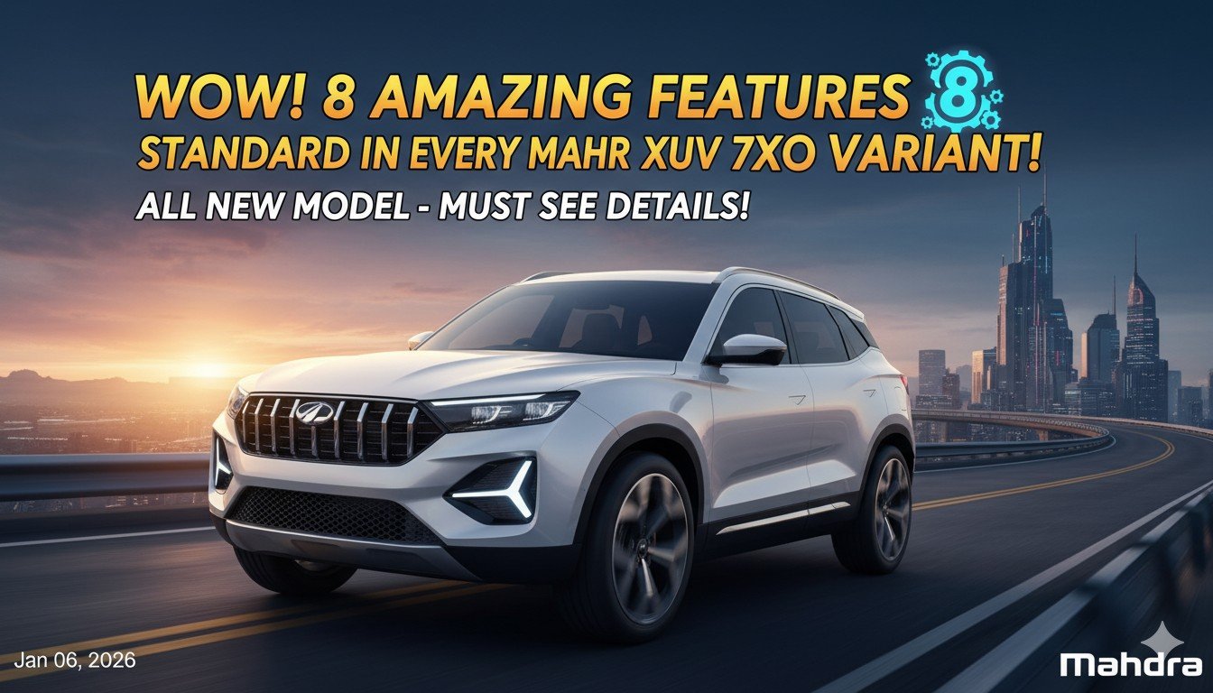 महिंद्रा XUV 7XO का फ्रंट व्यू ट्रिपल स्क्रीन डैशबोर्ड और नए ग्रिल के साथ
