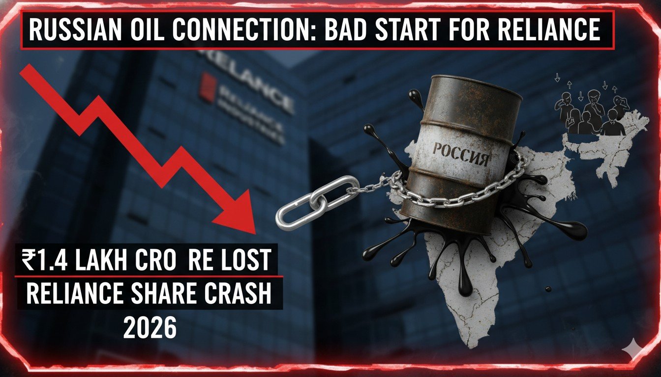 रिलायंस इंडस्ट्रीज के शेयरों में गिरावट दिखाता स्टॉक मार्केट ग्राफ, पृष्ठभूमि में ऑयल रिफाइनरी