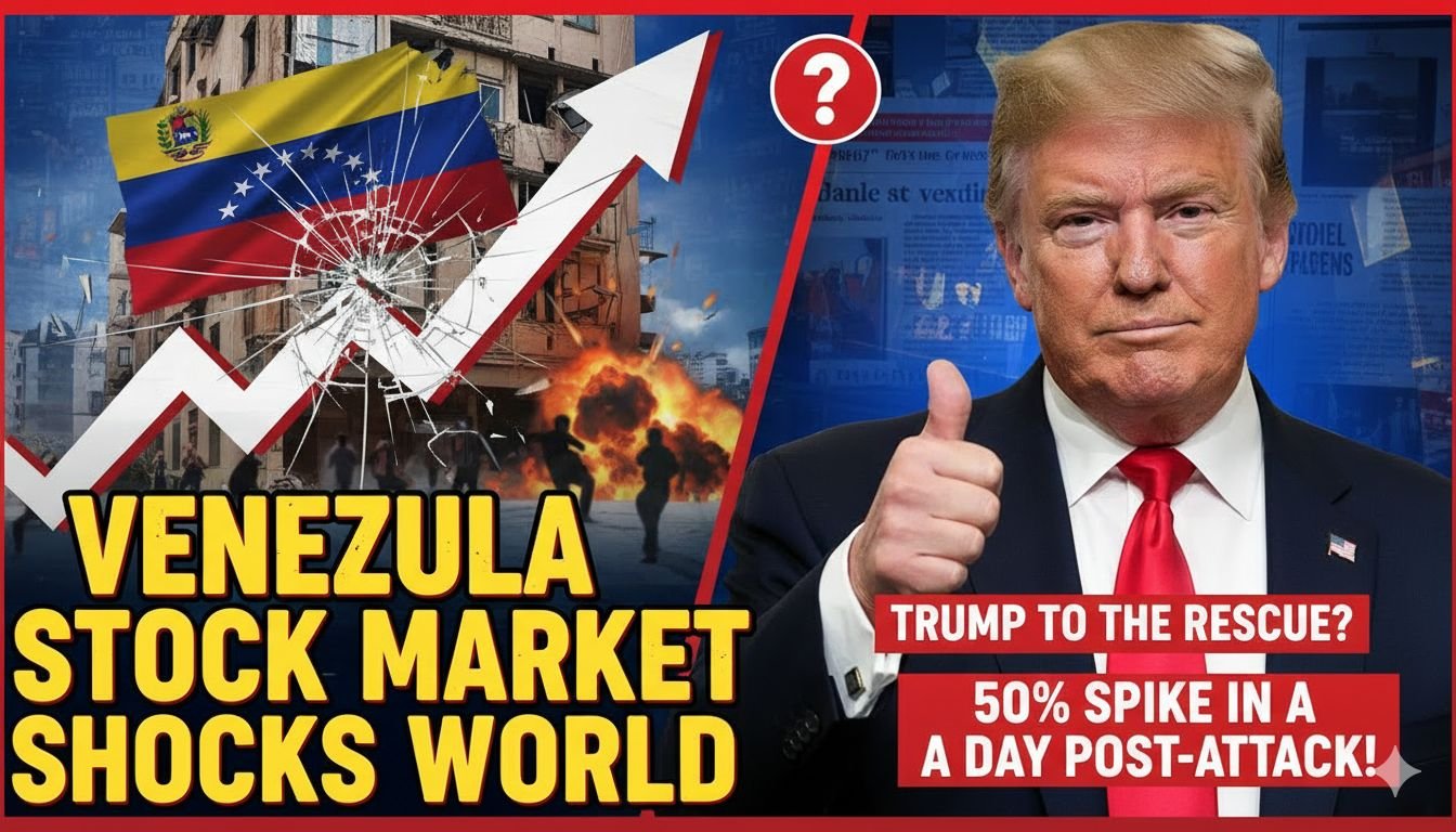 वेनेजुएला स्टॉक एक्सचेंज का ग्राफ दिखाता हुआ चार्ट, जिसमें 50% उछाल हाइलाइटेड है, पृष्ठभूमि में अमेरिकी और वेनेजुएला के झंडे।