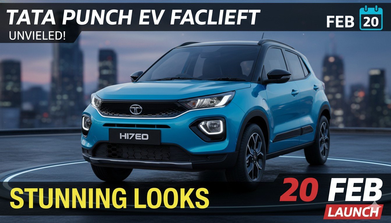Tata Punch EV Facelift का फ्रंट व्यू जिसमें नई LED लाइट्स और ग्रिल दिख रही है