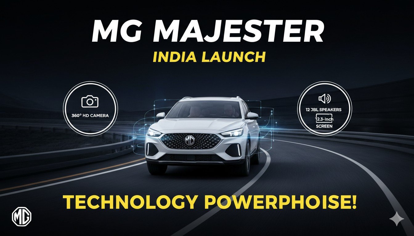 Alt Text for featured image : MG Majestor 7-सीटर प्रीमियम SUV का फ्रंट व्यू, 360° HD कैमरा और JBL ऑडियो के साथ