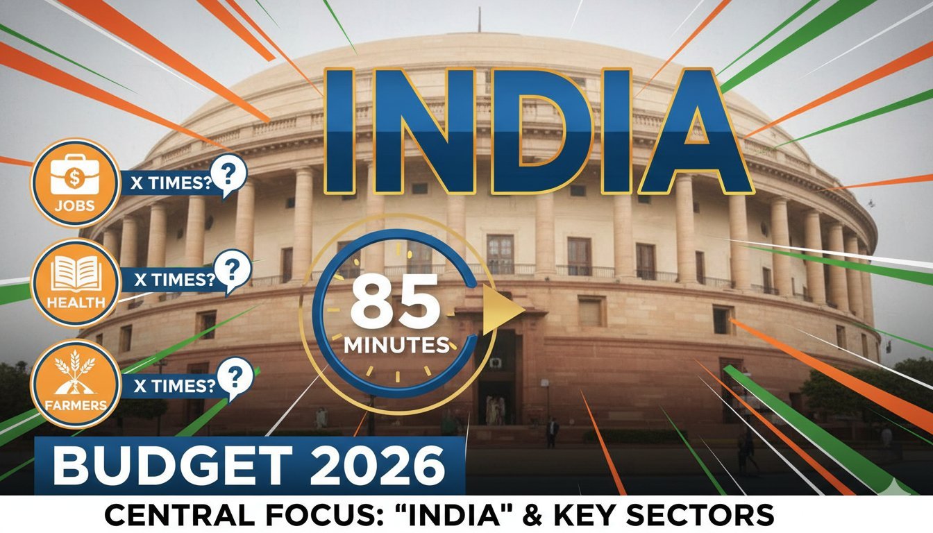 Finance Minister Nirmala Sitharaman presenting Union Budget 2026 in Parliament with INDIA flag in background.