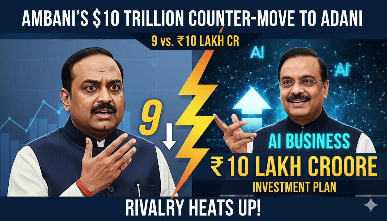 मुकेश अंबानी और गौतम अदाणी AI निवेश की घोषणा करते हुए, भारत में AI क्रांति की तस्वीर