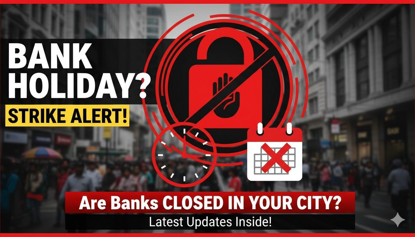 भारत बंद 2026 के दौरान बैंक ब्रांच के बाहर ग्राहक लाइन में खड़े, बैंक हड़ताल से प्रभावित सेवाएं दिखाते हुए