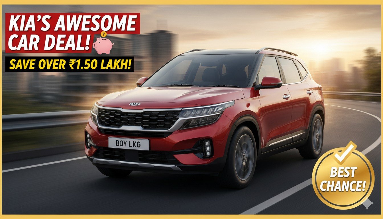 किया कार पर 1.50 लाख से ज्यादा डिस्काउंट ऑफर दिखाती इमेज, कार डीलरशिप में डिस्प्ले के साथ