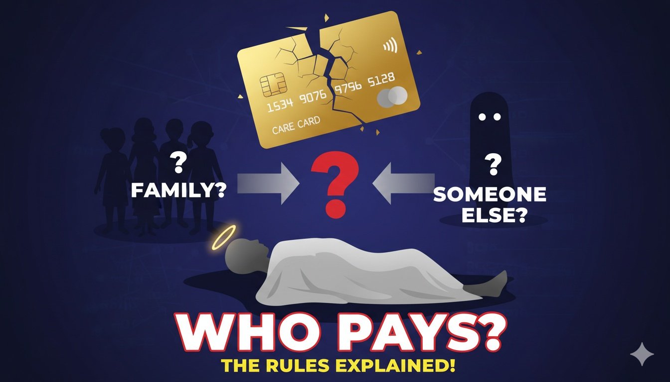 क्रेडिट कार्ड और मौत प्रमाणपत्र के साथ बकाया भुगतान नियम दर्शाती इमेज