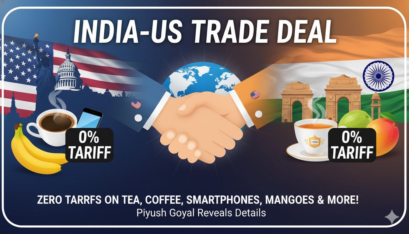 भारत-अमेरिका व्यापार समझौते पर पीयूष गोयल की प्रेस कॉन्फ्रेंस की तस्वीर