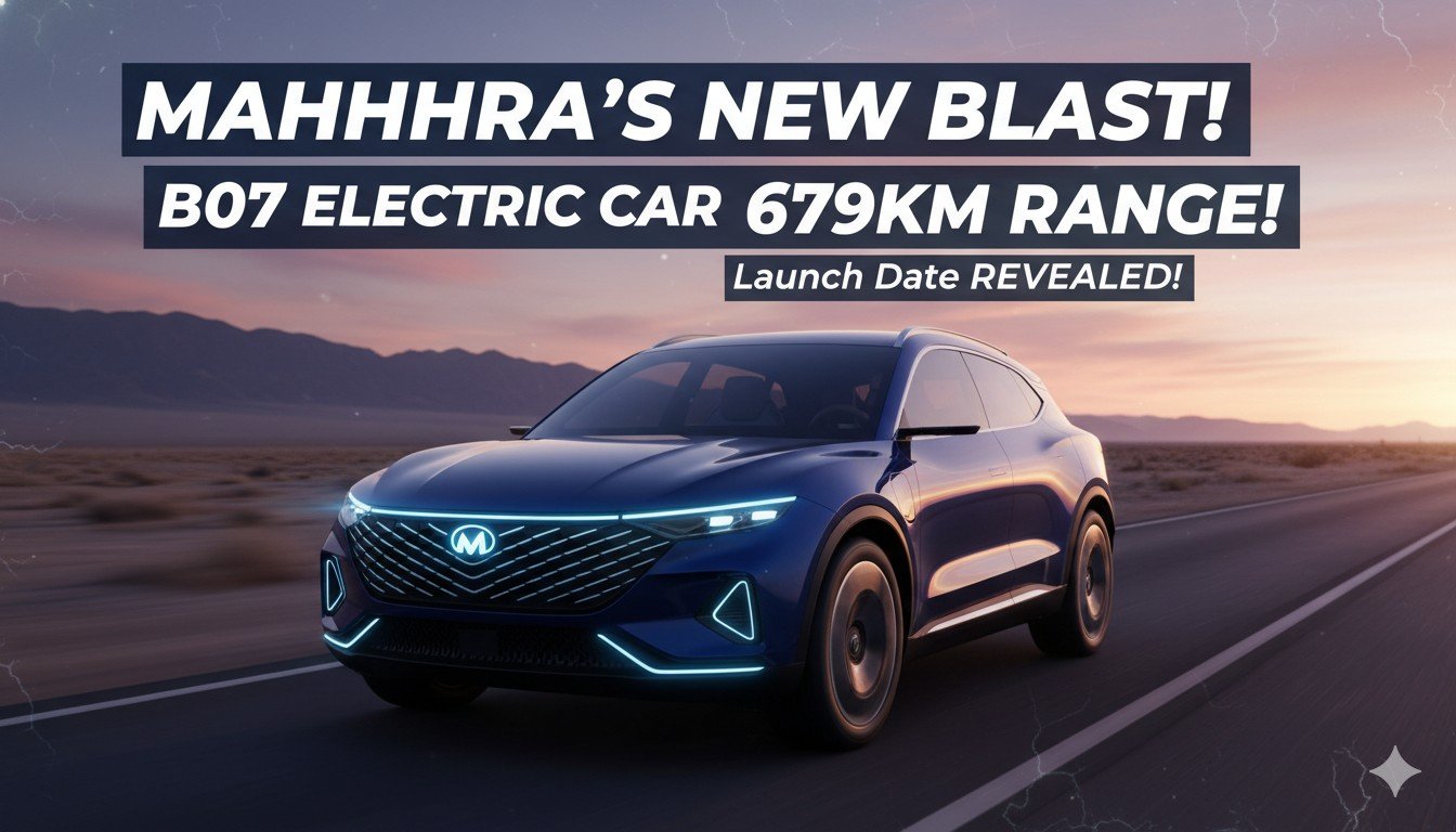 महिंद्रा B07 इलेक्ट्रिक SUV का फ्रंट व्यू, स्लीक डिजाइन और LED हेडलाइट्स के साथ