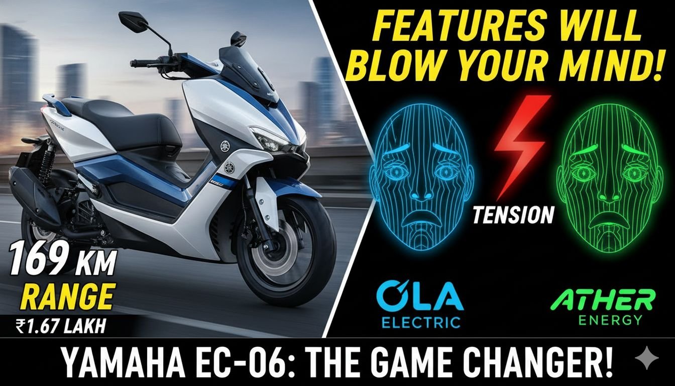 यामाहा EC-06 इलेक्ट्रिक स्कूटर का फ्रंट व्यू, सफेद रंग में, आधुनिक डिजाइन के साथ।