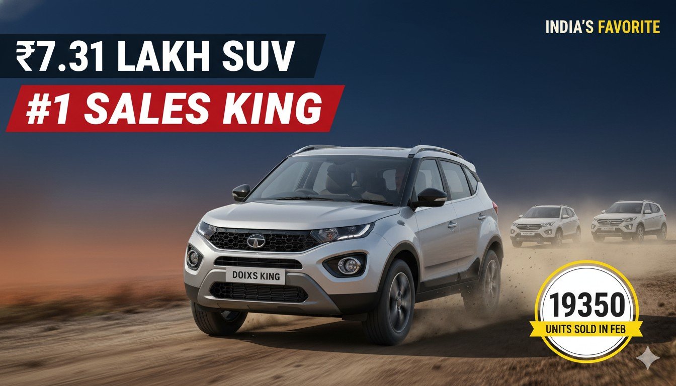 Tata Nexon SUV in red colour parked on road with city background, India's top selling car February 2026