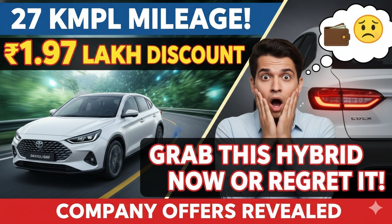 मारुति सुजुकी ग्रैंड विटारा स्ट्रॉन्ग हाइब्रिड SUV फ्रंट व्यू में दिख रही है, जिसमें 27.97 kmpl माइलेज और भारी छूट के ऑफर्स हाइलाइट किए गए हैं