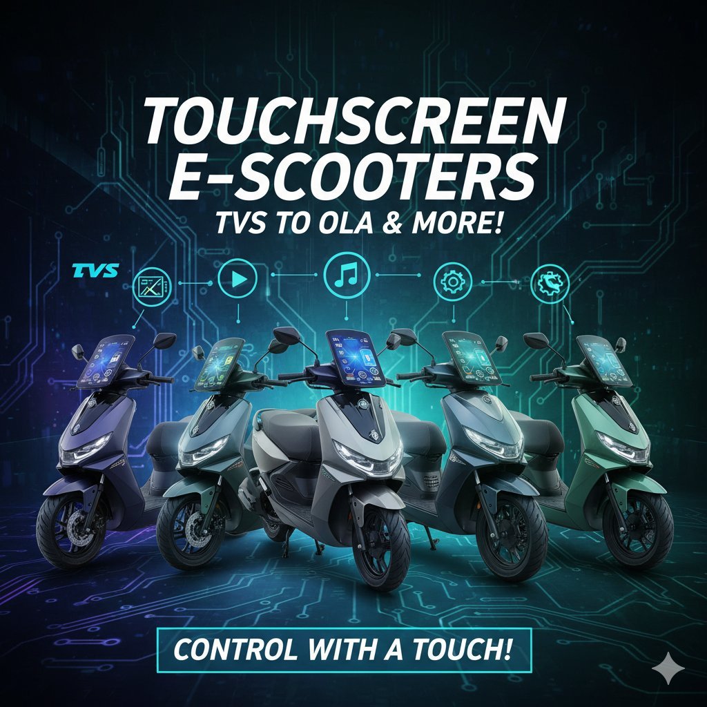 टचस्क्रीन डिस्प्ले वाले इलेक्ट्रिक स्कूटर का क्लोज-अप, TVS, Ather और Ola मॉडल्स दिखाते हुए