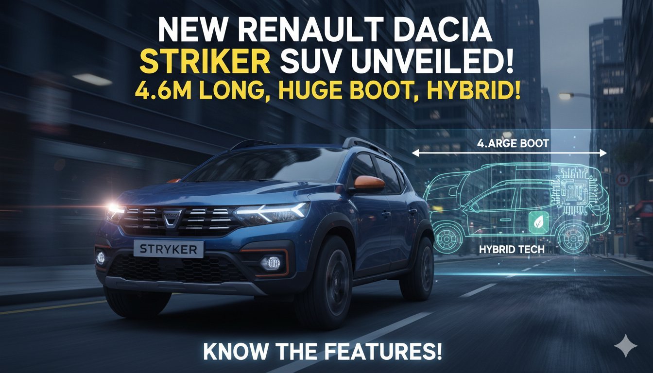 नई रेनो डस्टर स्ट्राइकर SUV फ्रंट व्यू दिखाती हुई, बोल्ड ग्रिल और LED लाइट्स के साथ