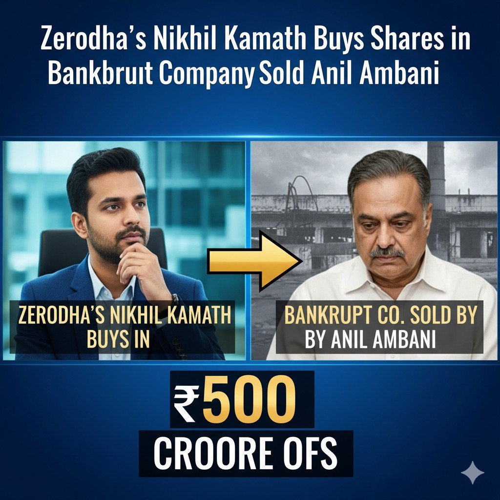 निखिल कामथ और Swan Defence कंपनी के शेयरों की ग्राफिक इमेज जिसमें 500 करोड़ OFS का उल्लेख