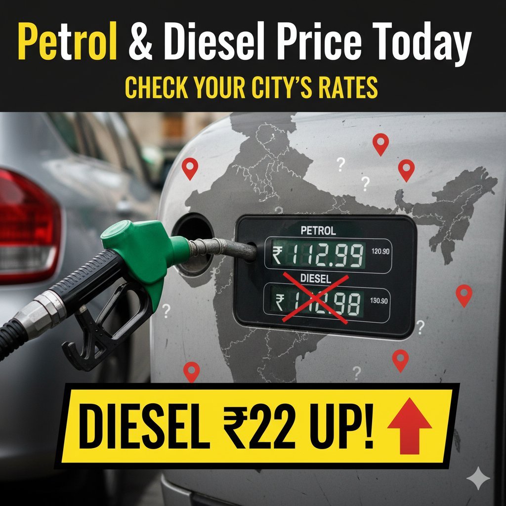 भारत में आज के पेट्रोल और डीजल के दाम दिखाता फ्यूल पंप बोर्ड, प्रमुख शहरों के रेट्स के साथ