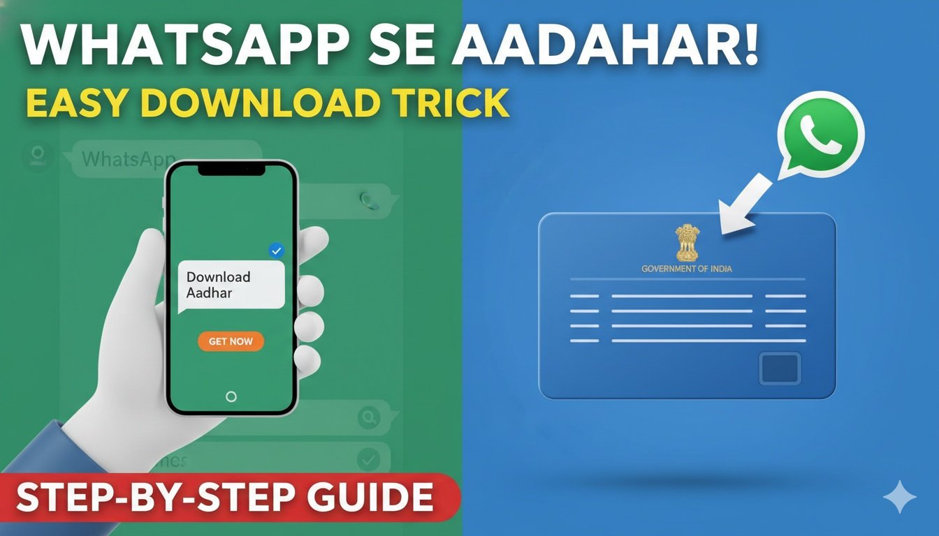 व्हाट्सएप चैट पर आधार कार्ड डाउनलोड करने का स्टेप-बाय-स्टेप प्रोसेस दिखाता ग्राफिक