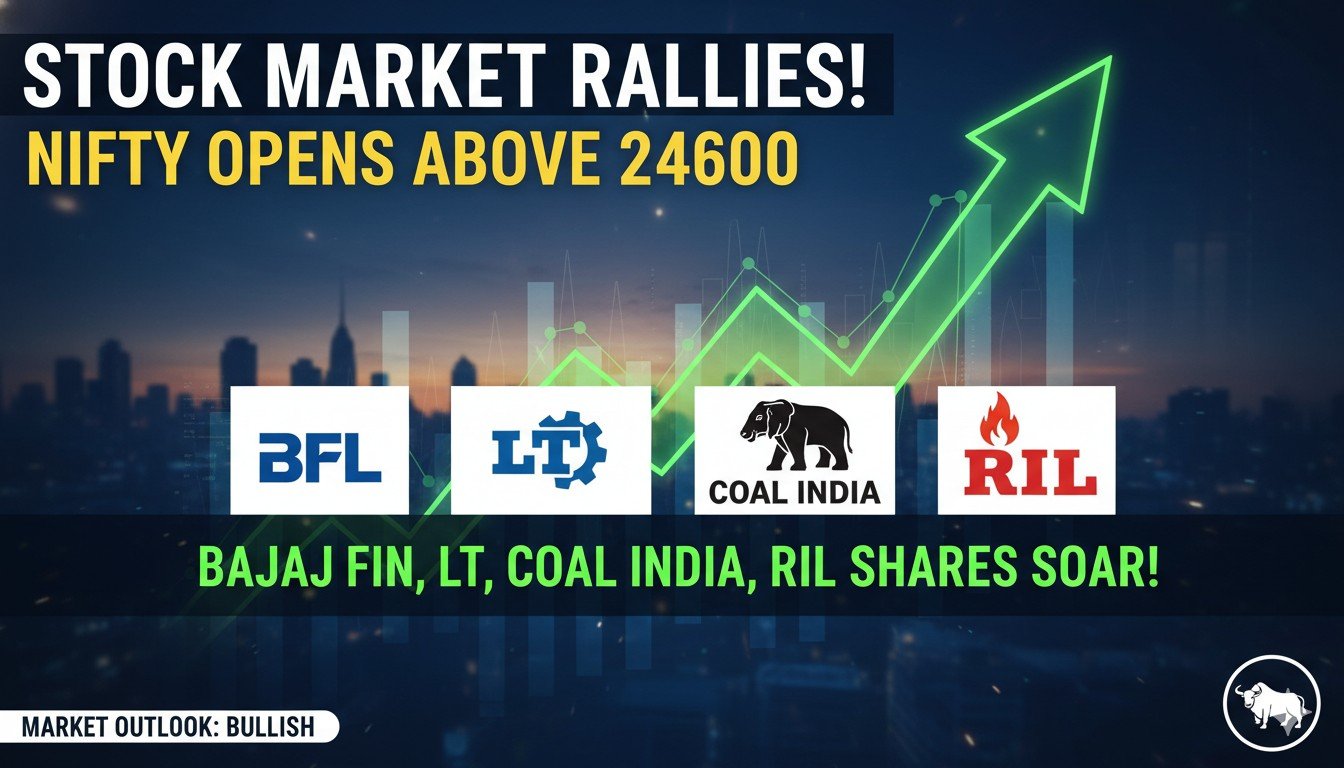 भारतीय स्टॉक मार्केट का ग्राफ दिखाता हुआ जिसमें Nifty 24600 के ऊपर तेजी से बढ़ता हुआ, Sensex 80000 पार, बजाज फाइनेंस L&T कोल इंडिया RIL शेयर उछाल के साथ